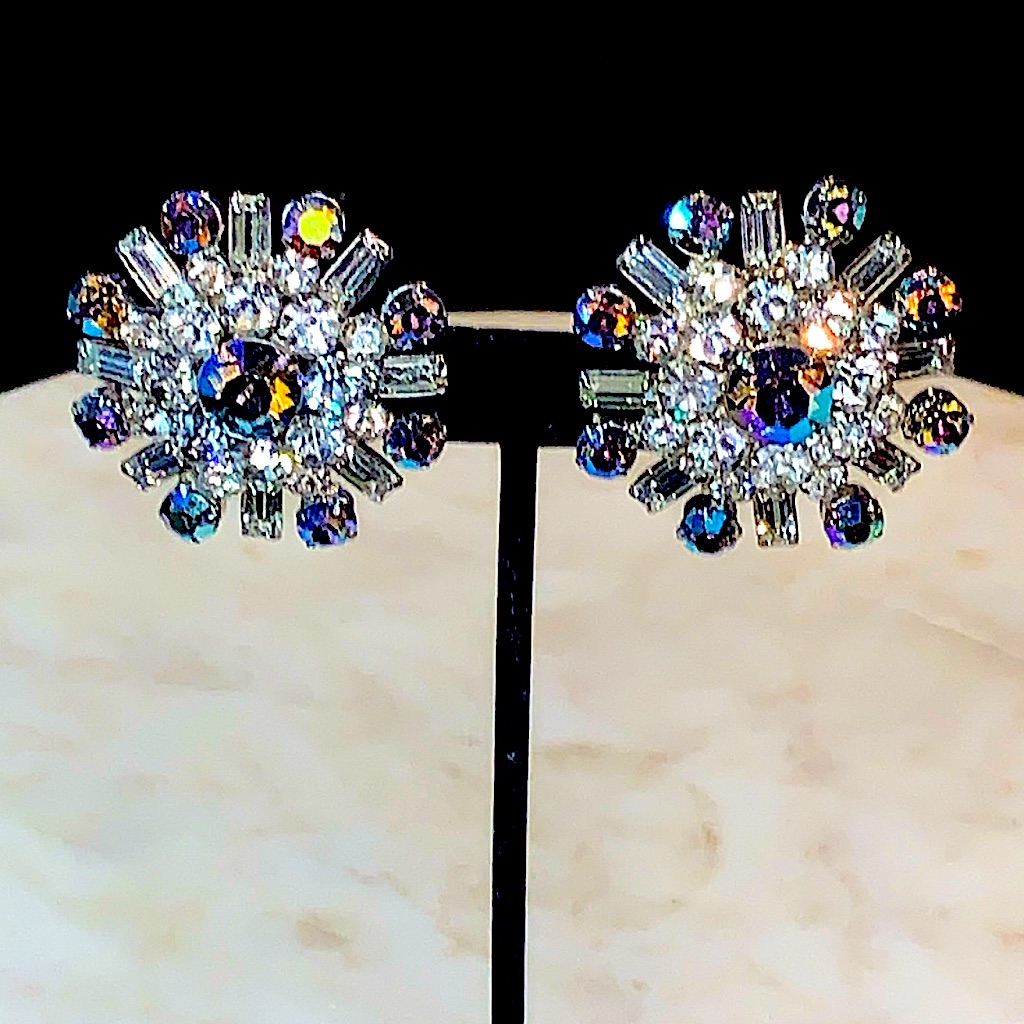 Juliana D & E Earrings Clip On Aurora Borealis Crystals Vintage 1 3/4th In Round
